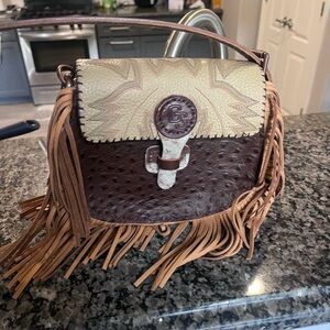 Fringe Crossbody Bag with Textured Panel - Brown & Cream